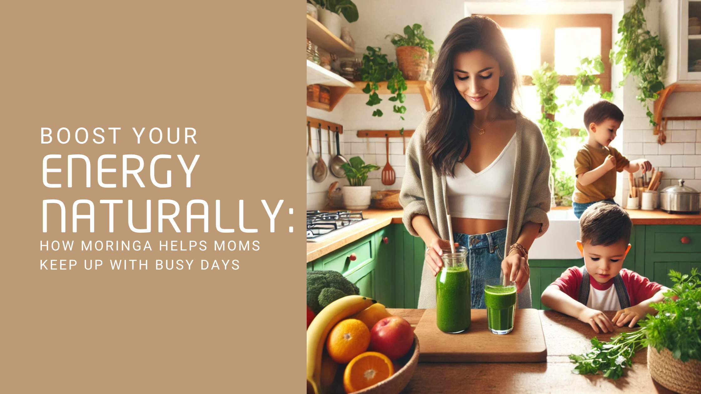 mom preparing a smoothie without holding a bottle. The scene maintains its focus on wellness, vitality, and the ease of incorporating Moringa into daily life, with the two boys playing in the background