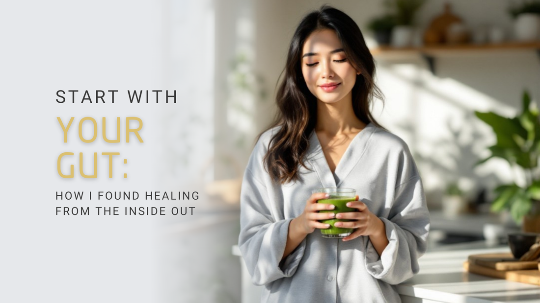 Woman drinking green smoothie in sunlight, symbolizing gut health and natural healing