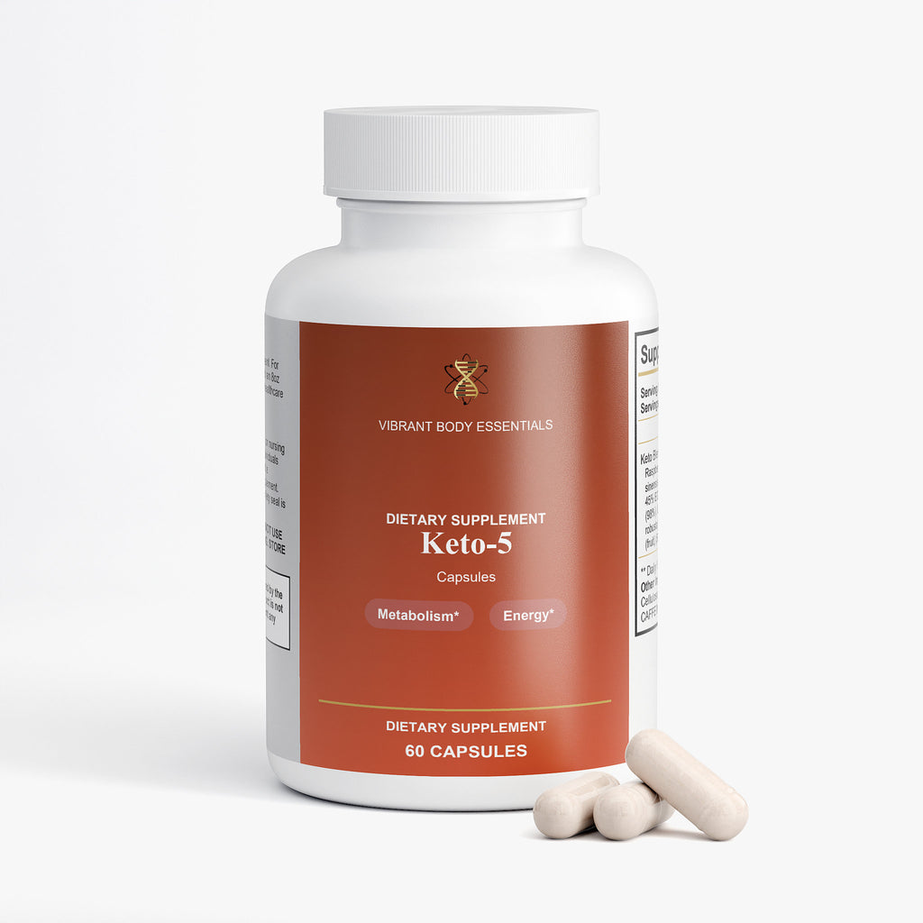 Keto-5 supplement bottle side view with usage details