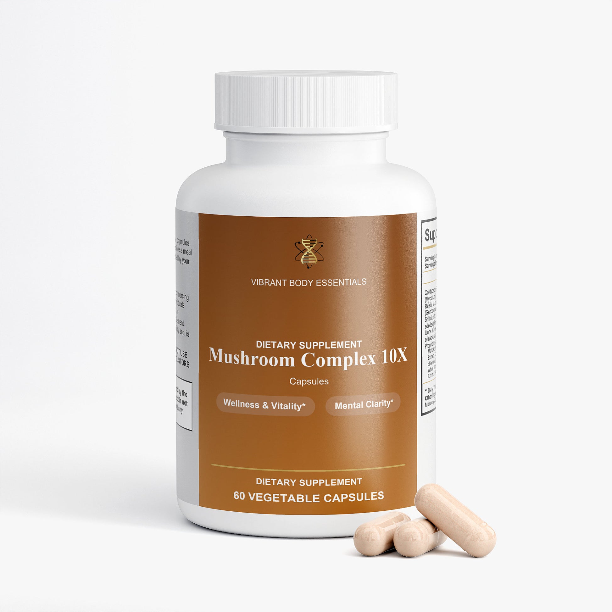 Mushroom Complex 10X supplement bottle side view with usage details