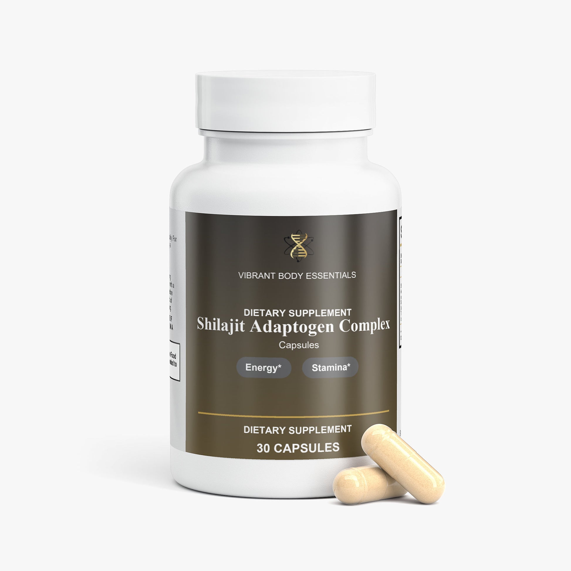 Shilajit Adaptogen Complex benefits panel — trace minerals, energy support, adaptogen
