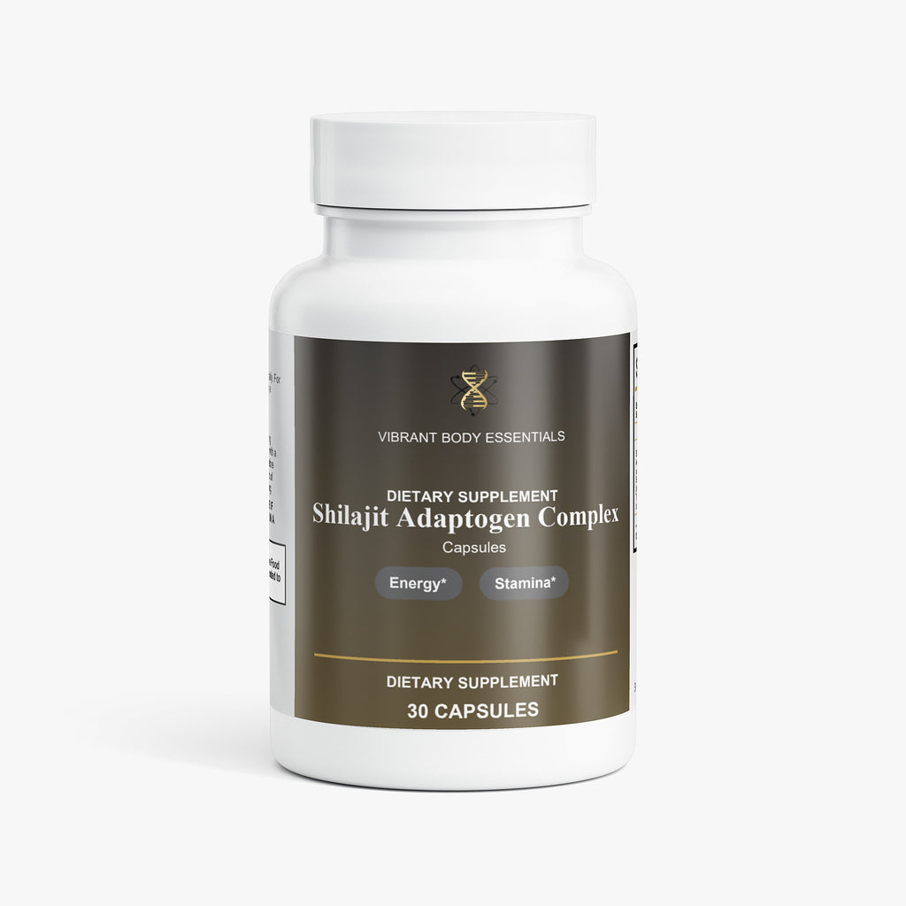 Shilajit Adaptogen Complex trace minerals energy supplement bottle, 60 capsules