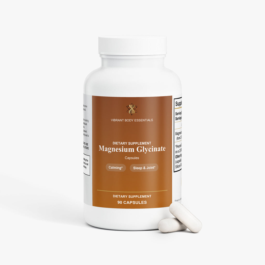 Magnesium Glycinate supplement bottle side view with usage details