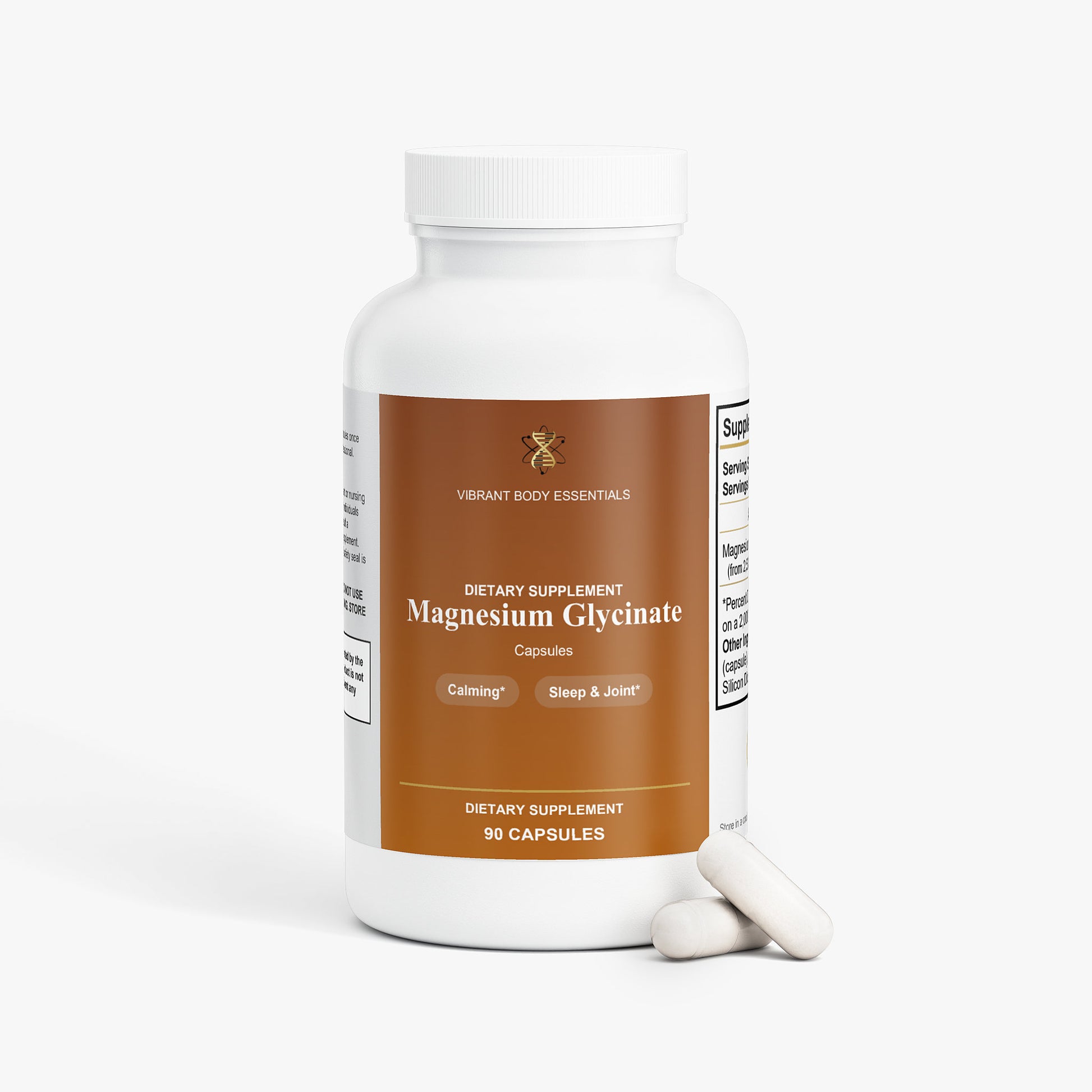 Magnesium Glycinate supplement bottle side view with usage details