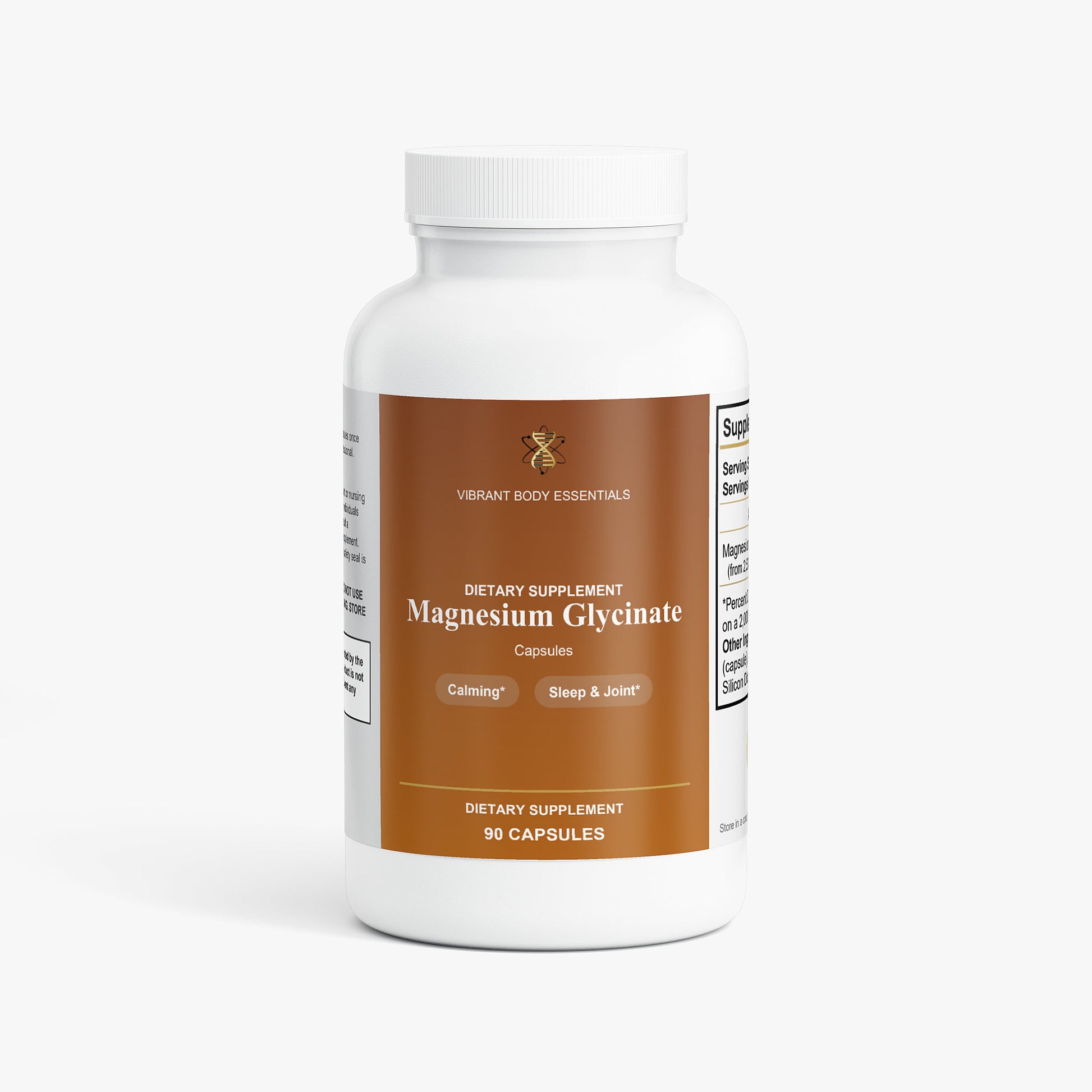 Magnesium Glycinate sleep, calm and heart support supplement bottle, 90 vegetarian-friendly capsules
