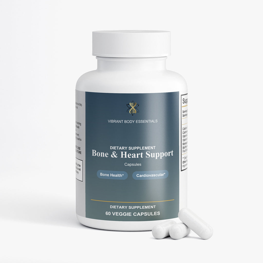 Bone & Heart Support supplement bottle side view with usage details