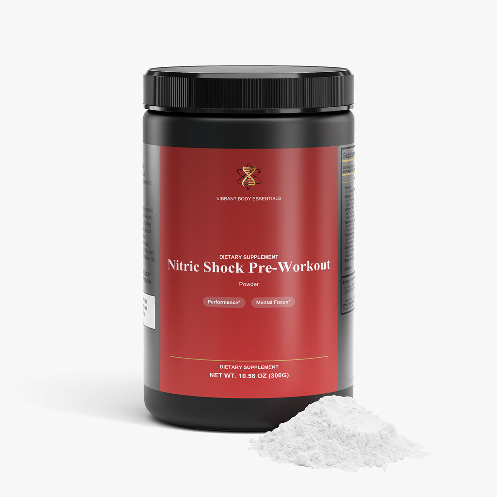 Nitric Shock pre-workout tub side view with usage details