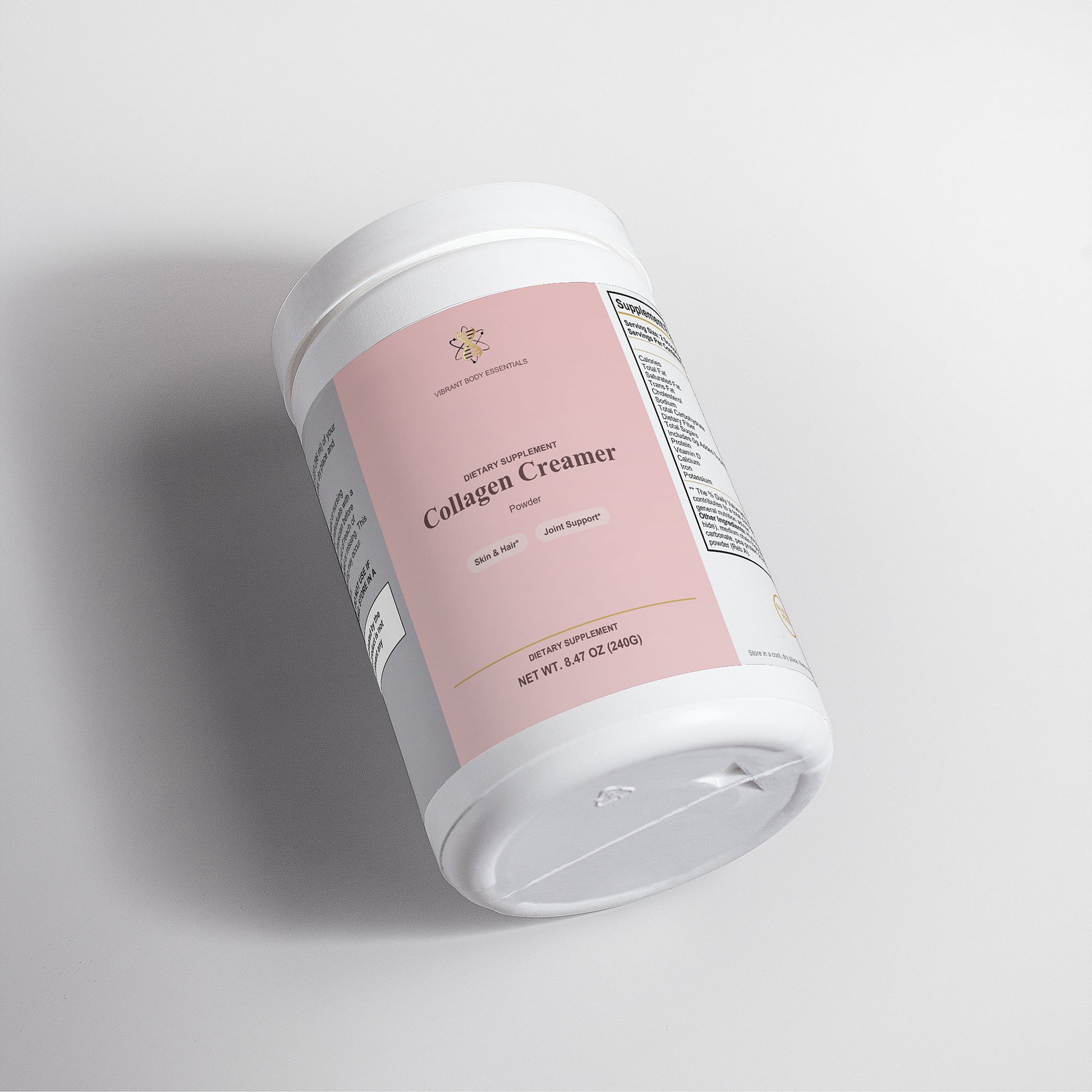 Collagen Creamer Vanilla tub side view with usage details