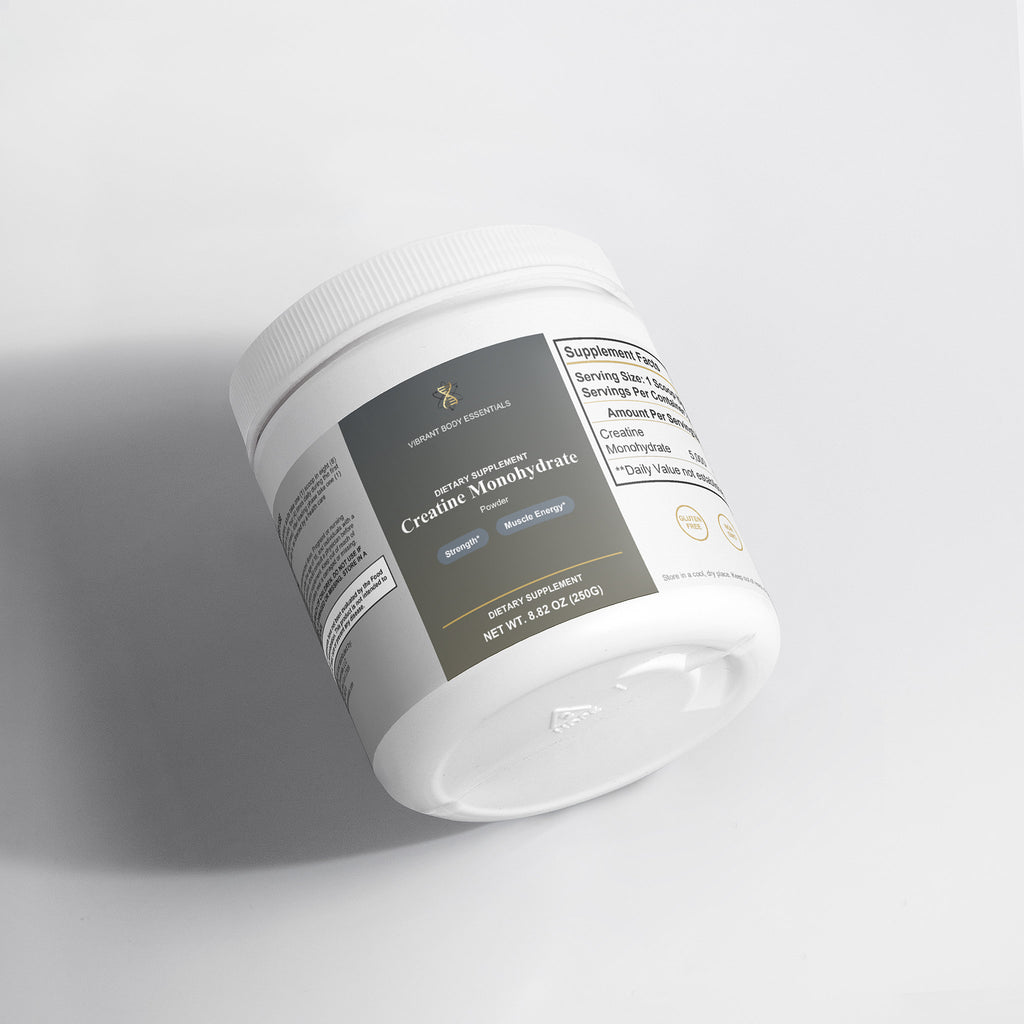 Creatine Monohydrate tub side view with usage details