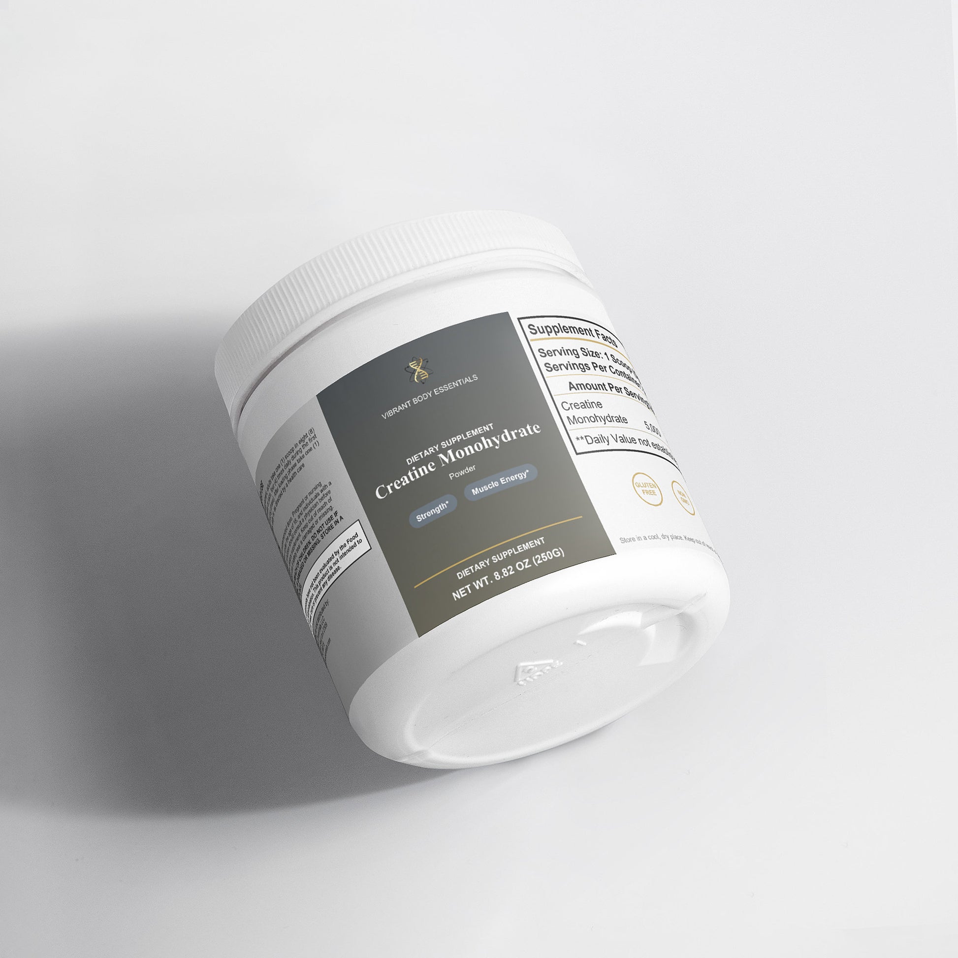 Creatine Monohydrate tub side view with usage details