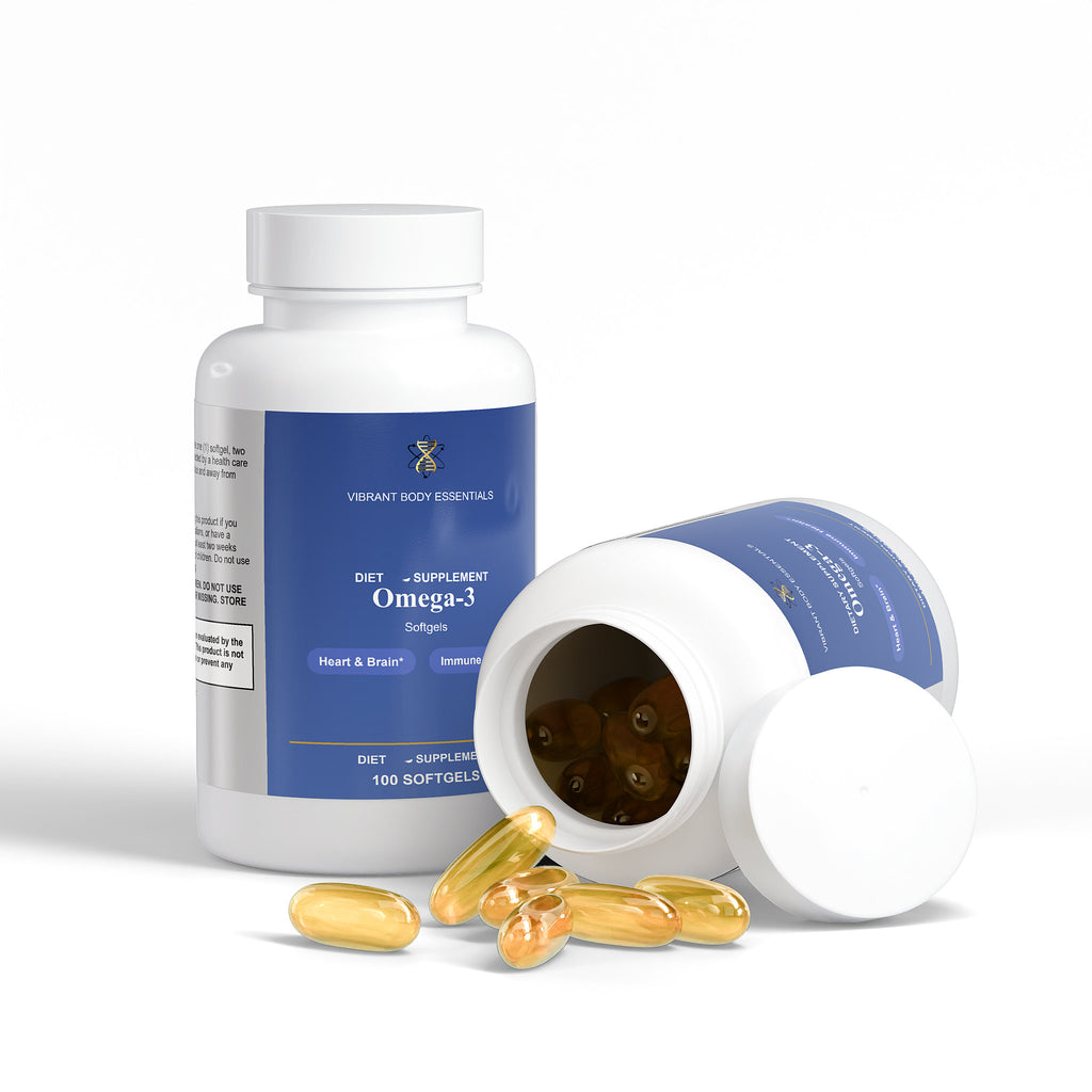 Omega-3 Softgels supplement bottle side view with usage details