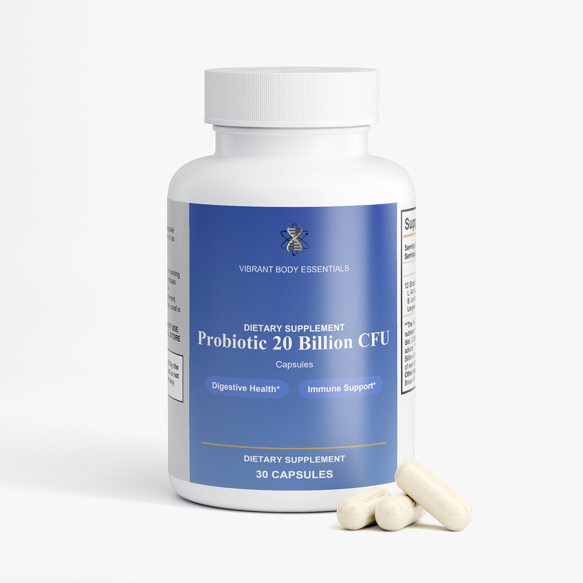 Probiotic 20 Billion supplement bottle side view with usage details