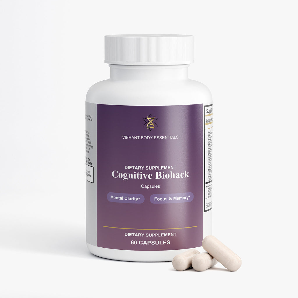 Cognitive Biohack supplement bottle side view with usage details