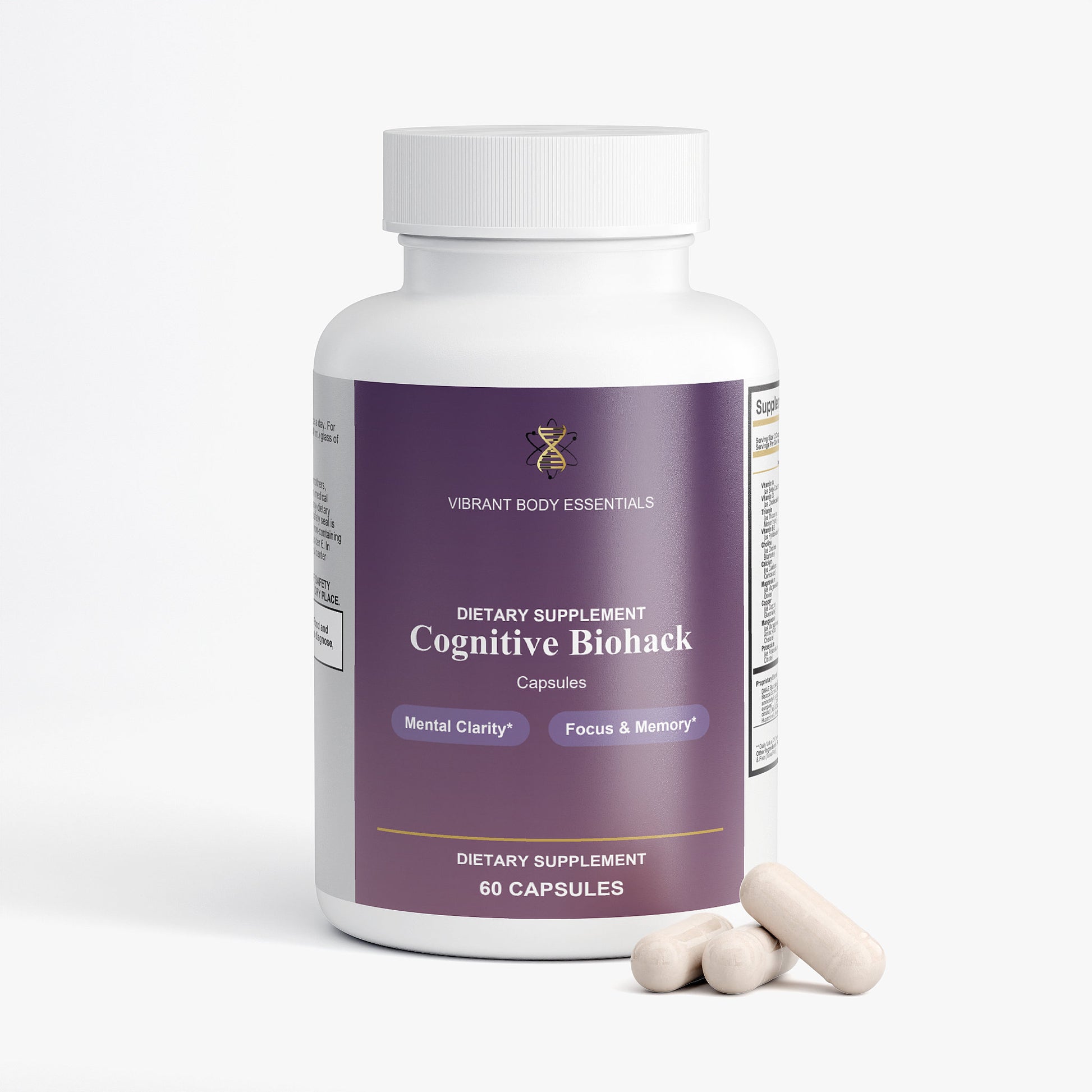 Cognitive Biohack supplement bottle side view with usage details