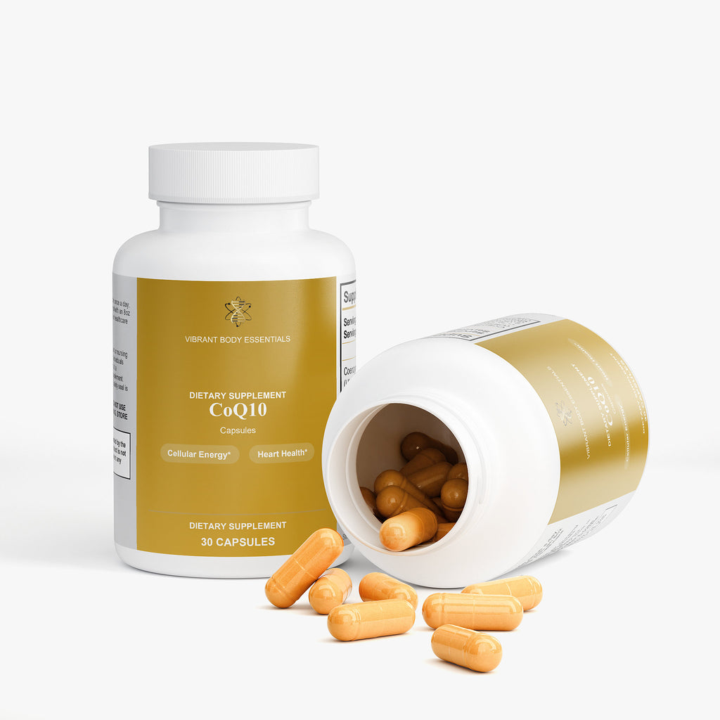 CoQ10 Ubiquinone benefits panel — cellular energy, heart support, antioxidant