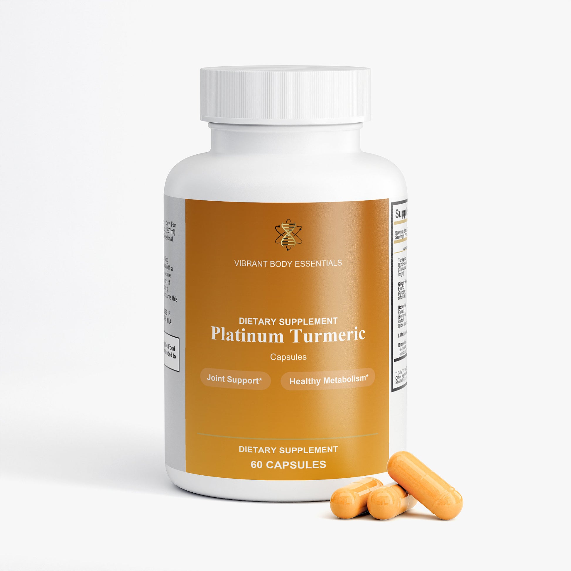 Platinum Turmeric supplement bottle side view with usage details