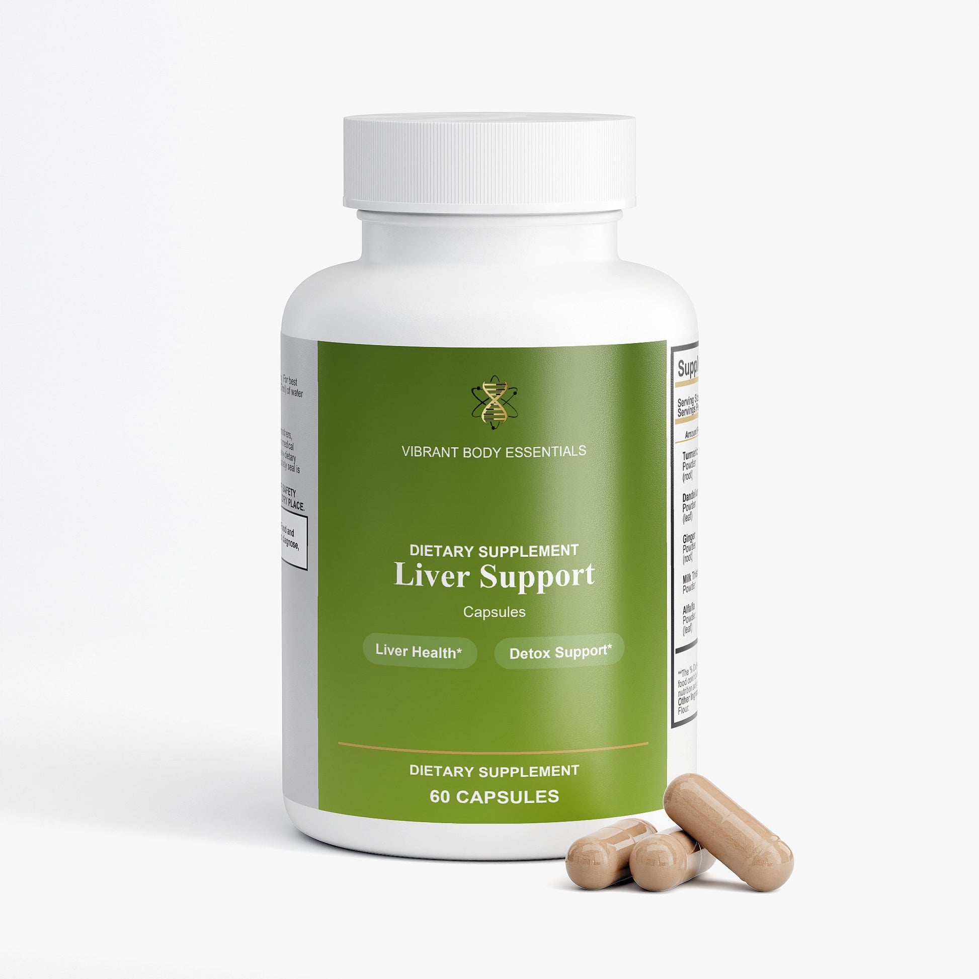 Liver Support supplement bottle side view with usage details