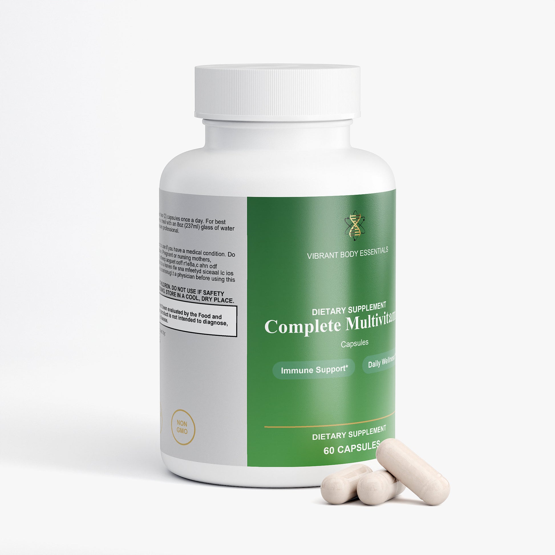 Complete Multivitamin supplement bottle side view with usage details