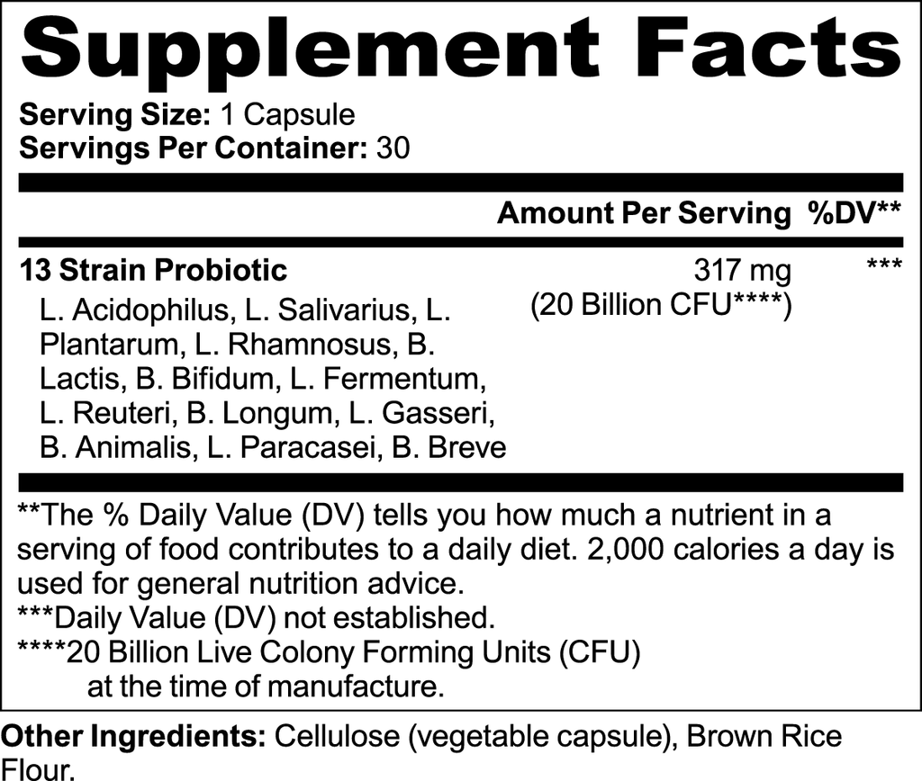 Probiotic 20 Billion supplement facts panel listing multi-strain probiotic blend per capsule