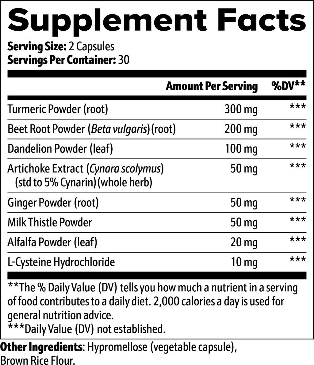 Liver Support supplement facts panel listing milk thistle, dandelion root and herbal botanical blend per serving