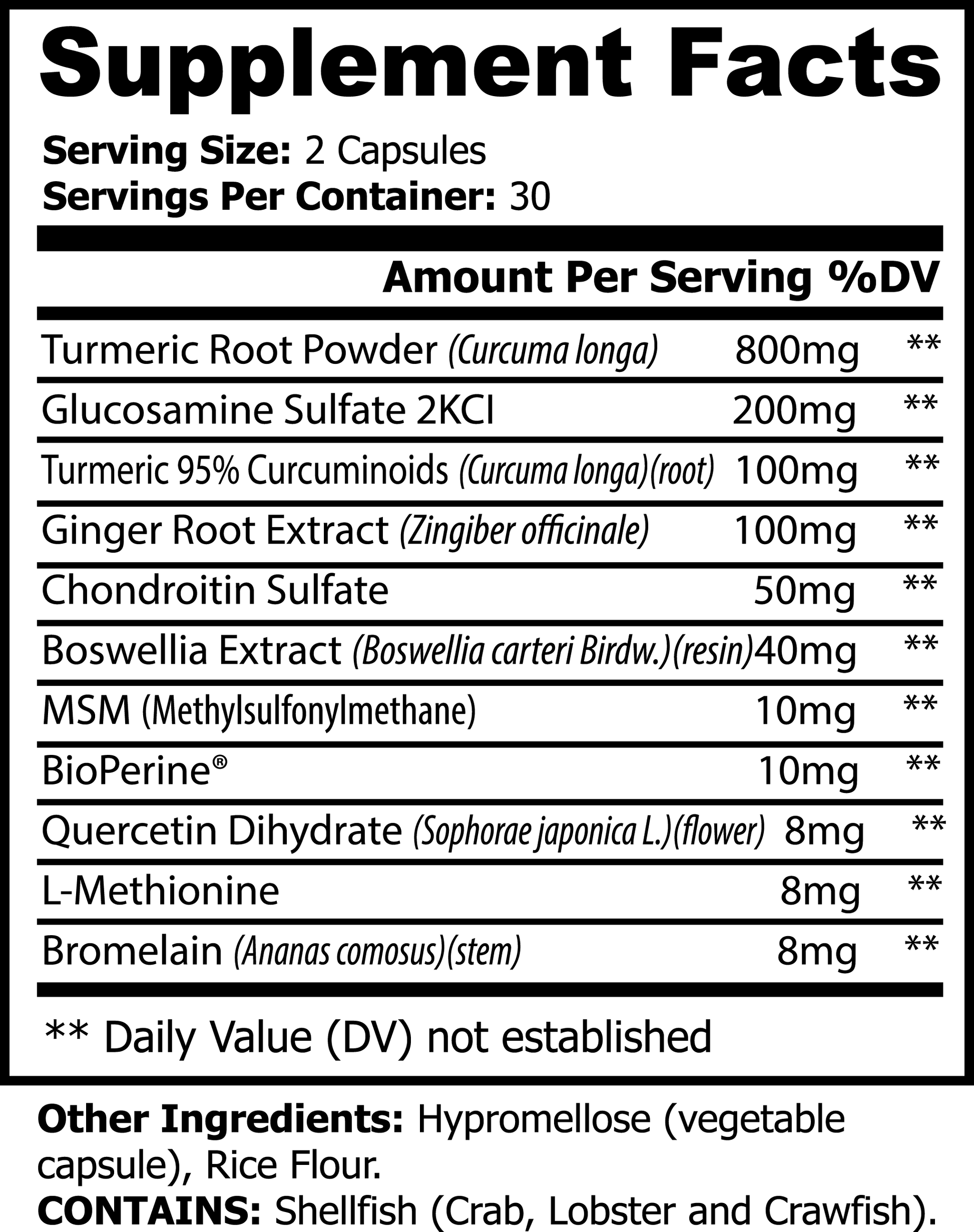 Platinum Turmeric supplement facts panel listing turmeric, curcumin, glucosamine, Boswellia per serving