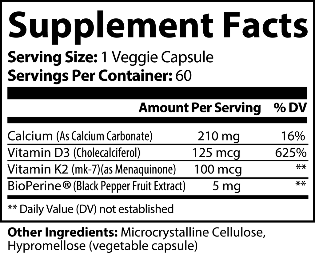 Bone & Heart Support – Vitamin D3 + K2 with Calcium & BioPerine® | 60 Capsules