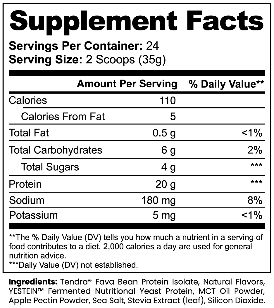 Plant Protein Vanilla supplement facts panel listing 20g protein, amino acid profile and MCT per 2-scoop serving