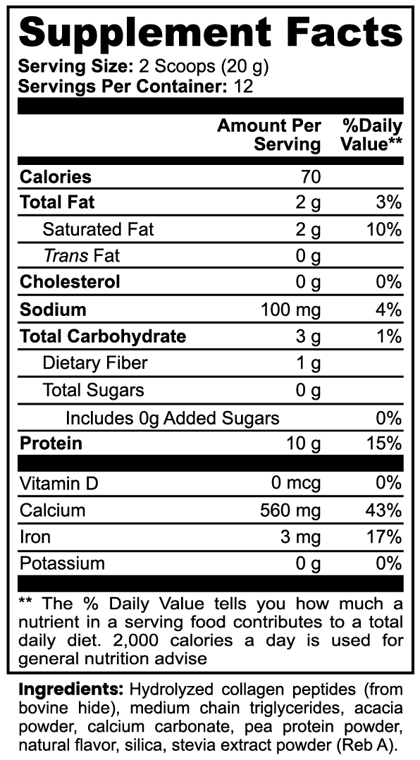 Collagen Creamer Vanilla supplement facts panel listing grass-fed collagen peptides and MCT per serving