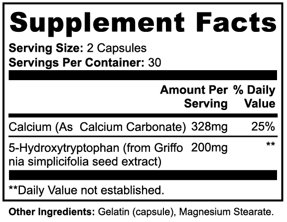 5-HTP supplement facts panel listing 5-Hydroxytryptophan from Griffonia simplicifolia per serving