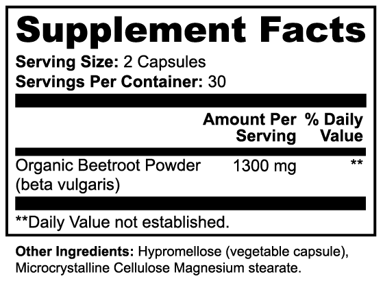 Beetroot supplement facts panel listing beetroot extract per serving