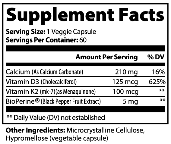Bone & Heart Support supplement facts panel listing vitamin D3, K2, calcium, BioPerine per serving