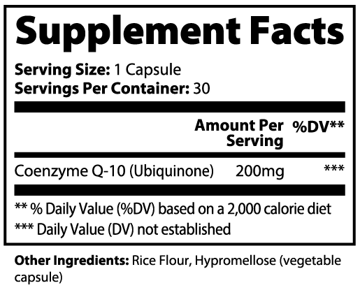 CoQ10 Ubiquinone supplement facts panel listing coenzyme Q10 per serving
