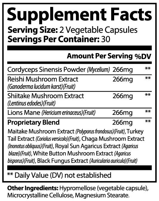 Mushroom Complex 10X supplement facts panel listing Lion's Mane, Reishi, Cordyceps, Chaga, Turkey Tail and additional functional mushrooms per serving