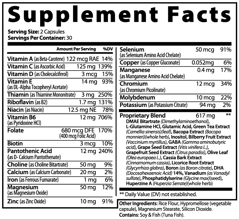 Cognitive Biohack supplement facts panel listing Bacopa monnieri, Phosphatidylserine, DMAE, Huperzine A, Choline, B6, Magnesium, Zinc and Calcium per 2-capsule serving