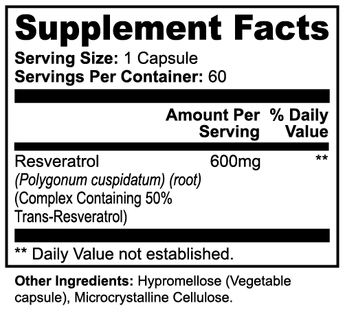 Resveratrol 600mg supplement facts panel listing 50% trans-resveratrol per serving