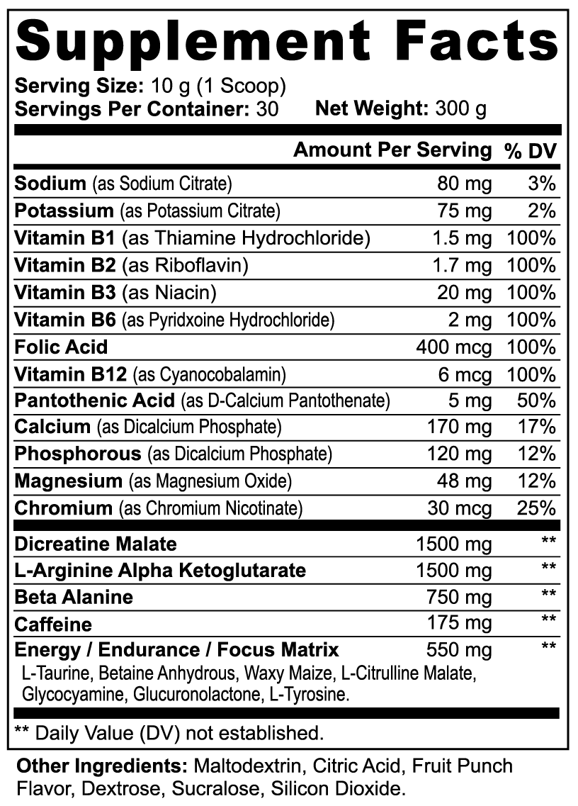 Nitric Shock supplement facts panel listing citrulline, beta-alanine, caffeine, creatine, BCAAs and amino acids per scoop