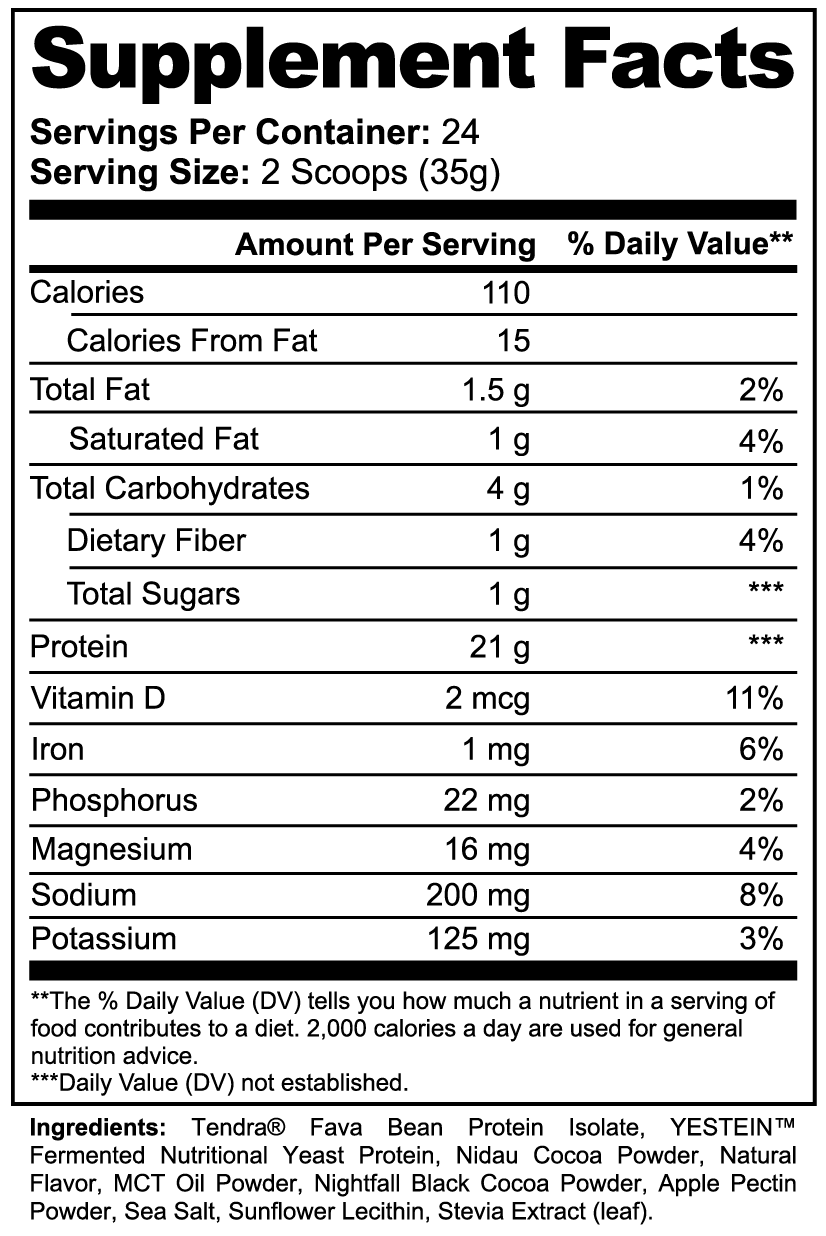 Plant Protein Chocolate supplement facts panel listing 21g protein, amino acid profile and MCT per 2-scoop serving