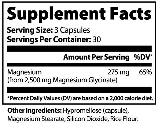 Magnesium Glycinate supplement facts panel listing 2,500 mg Magnesium Glycinate per 3-capsule serving