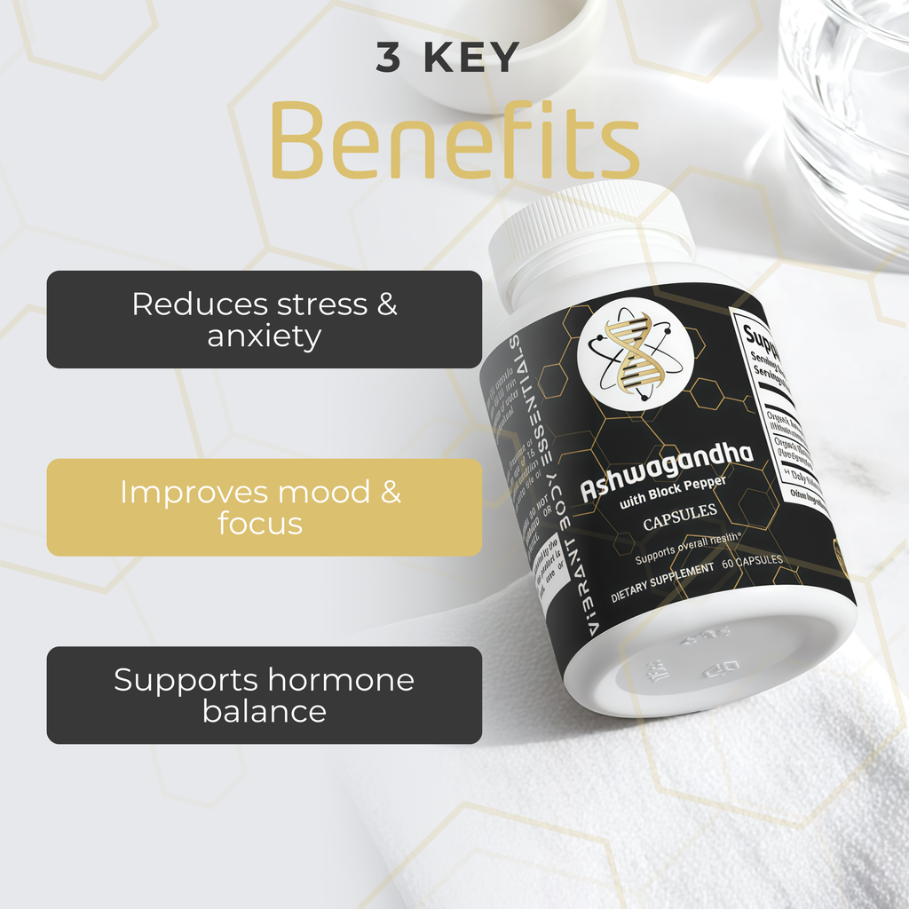 Ashwagandha Capsules – Organic Adaptogen for Stress Relief, Focus & Vitality | 60 Count