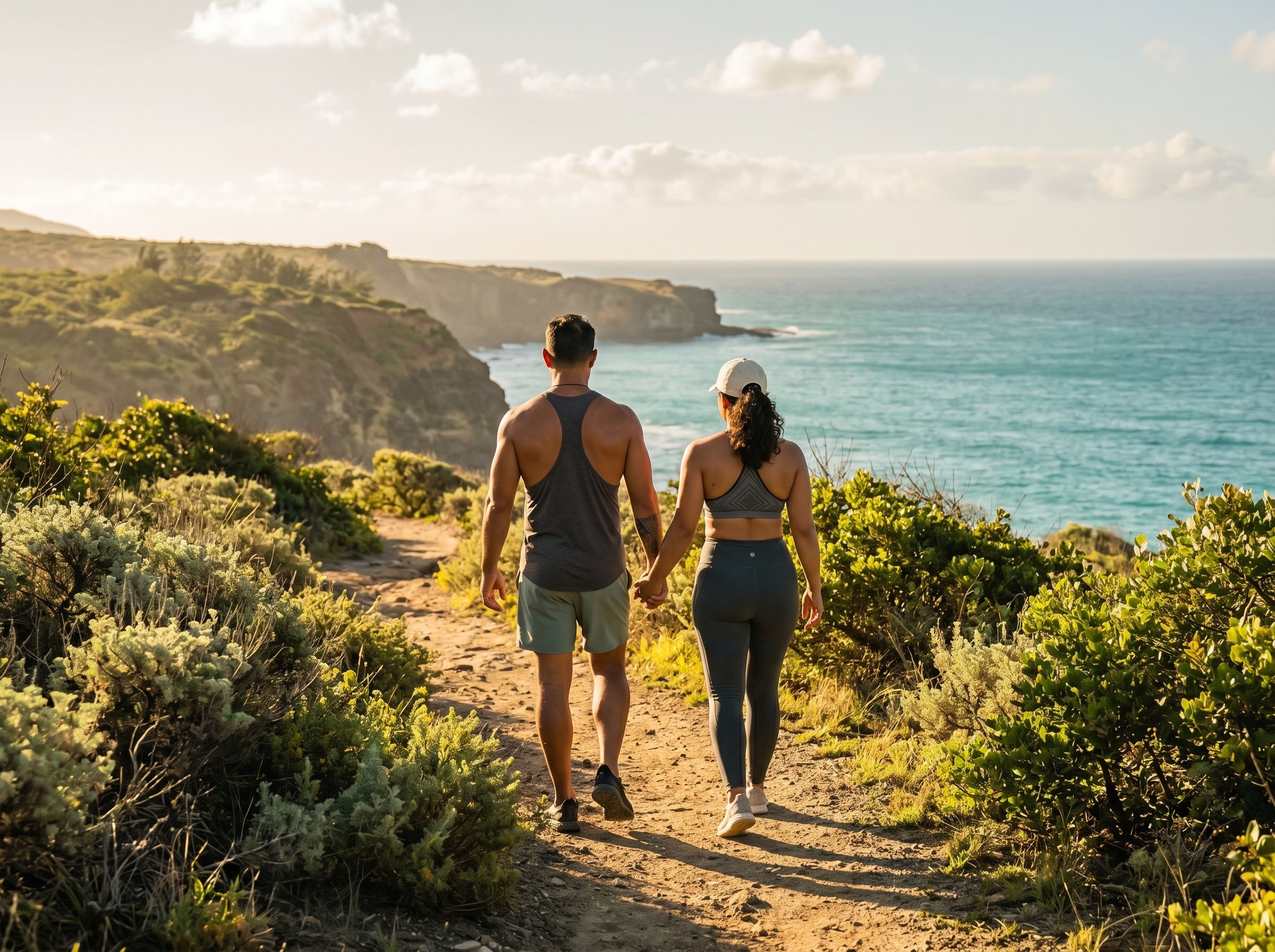 The Vibrant Body Essentials founders hiking together on a mountain trail