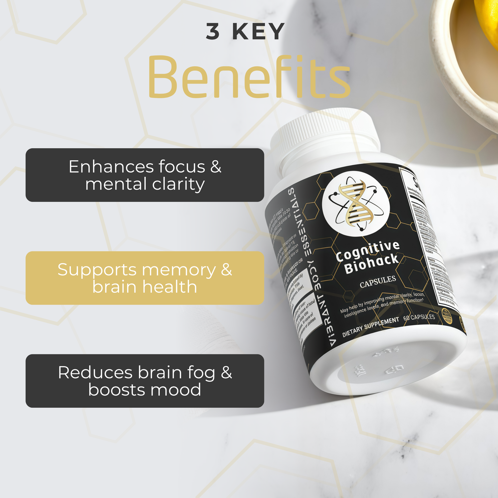 Cognitive Biohacking – Brain & Focus Formula with Nootropics, Amino Acids & Botanicals | 60 Capsules
