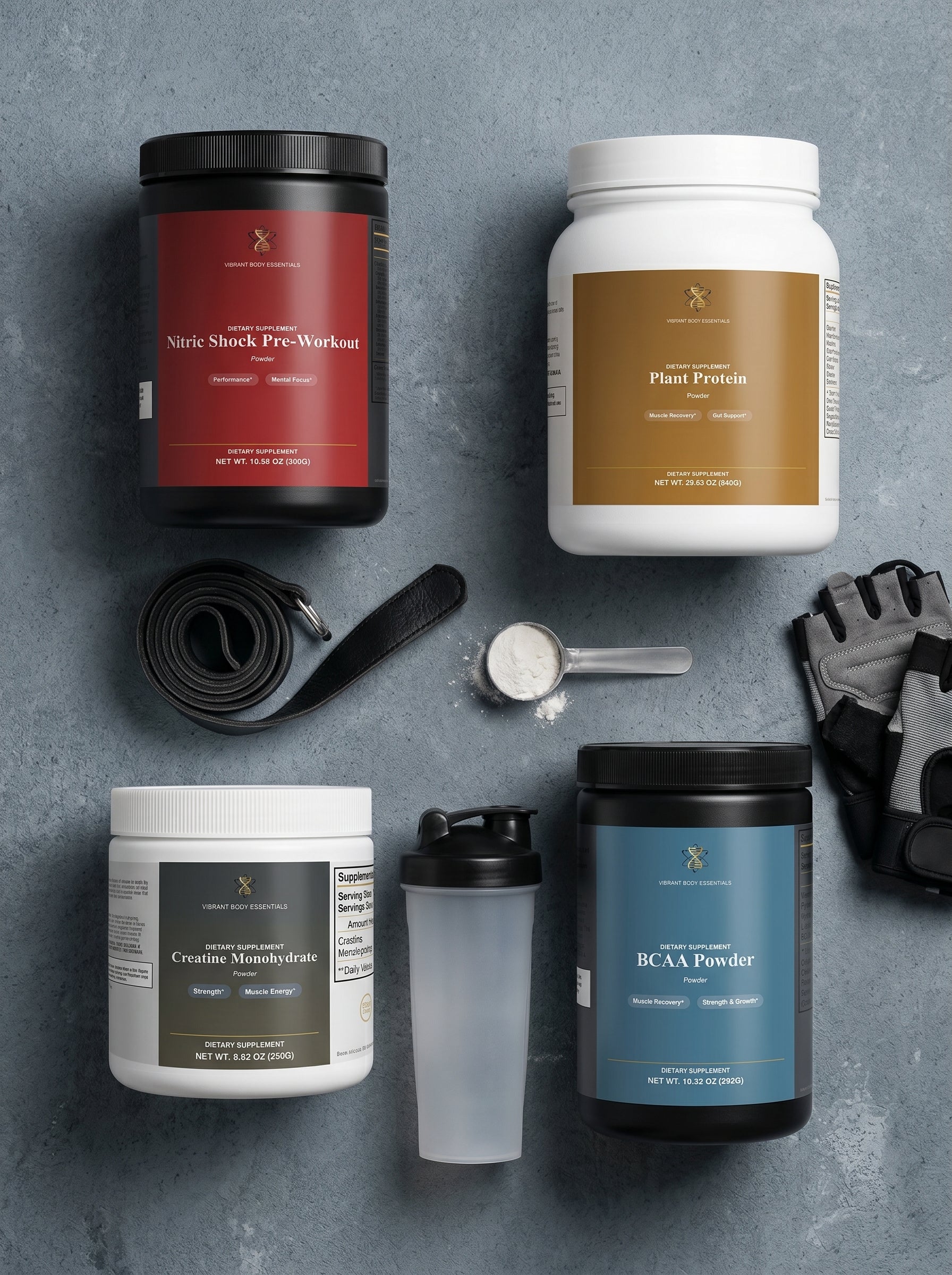 Beach Body Performance supplements with lifting gloves, straps, and shaker on slate