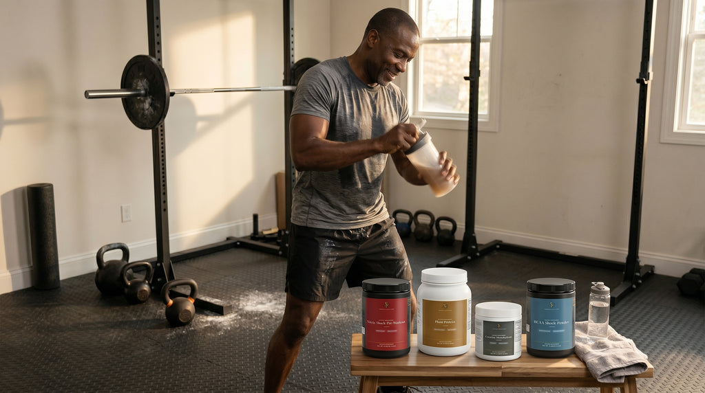 Man mixing a Vibrant Body Essentials shake in a home gym