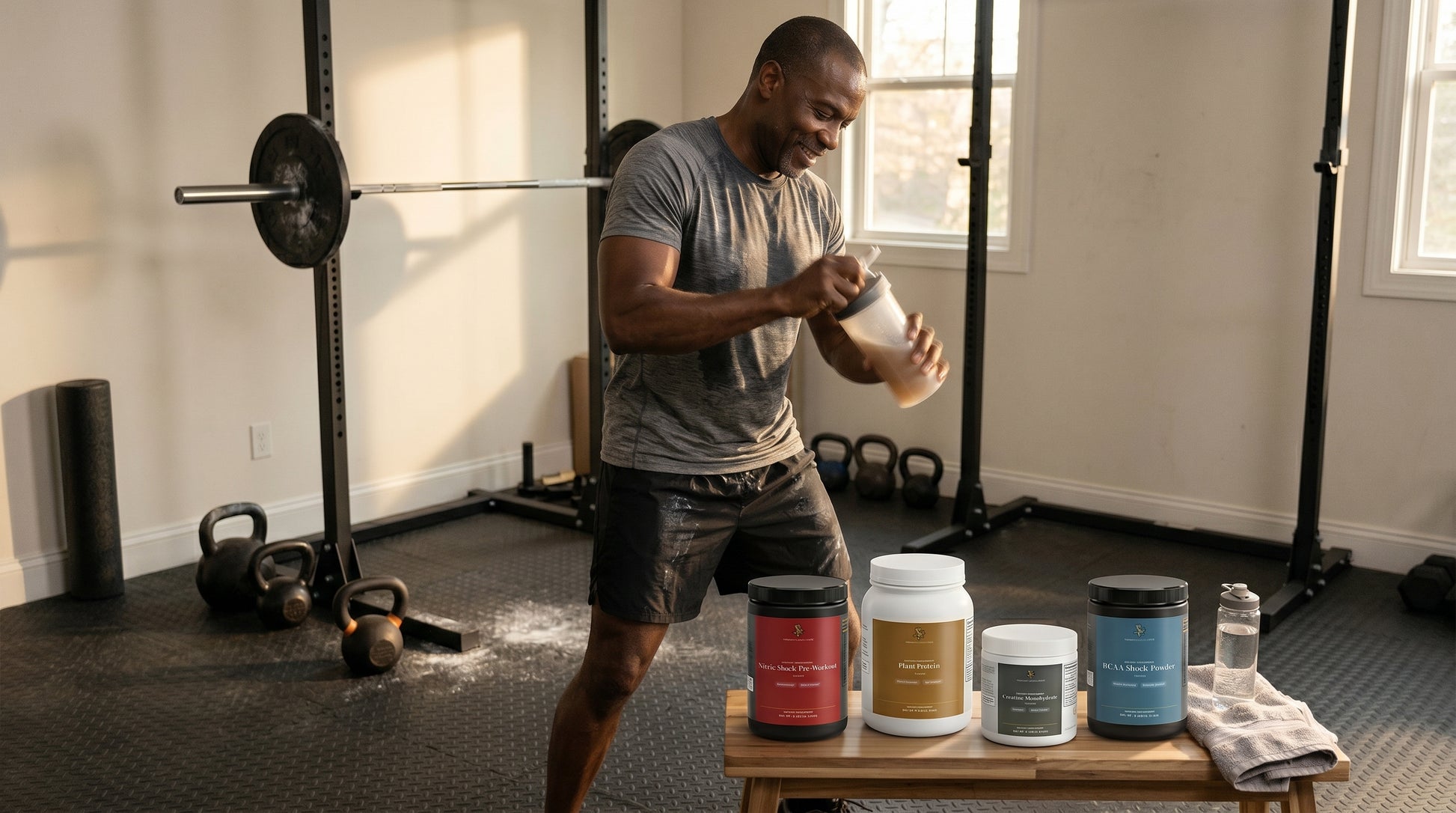 Man mixing a Vibrant Body Essentials shake in a home gym
