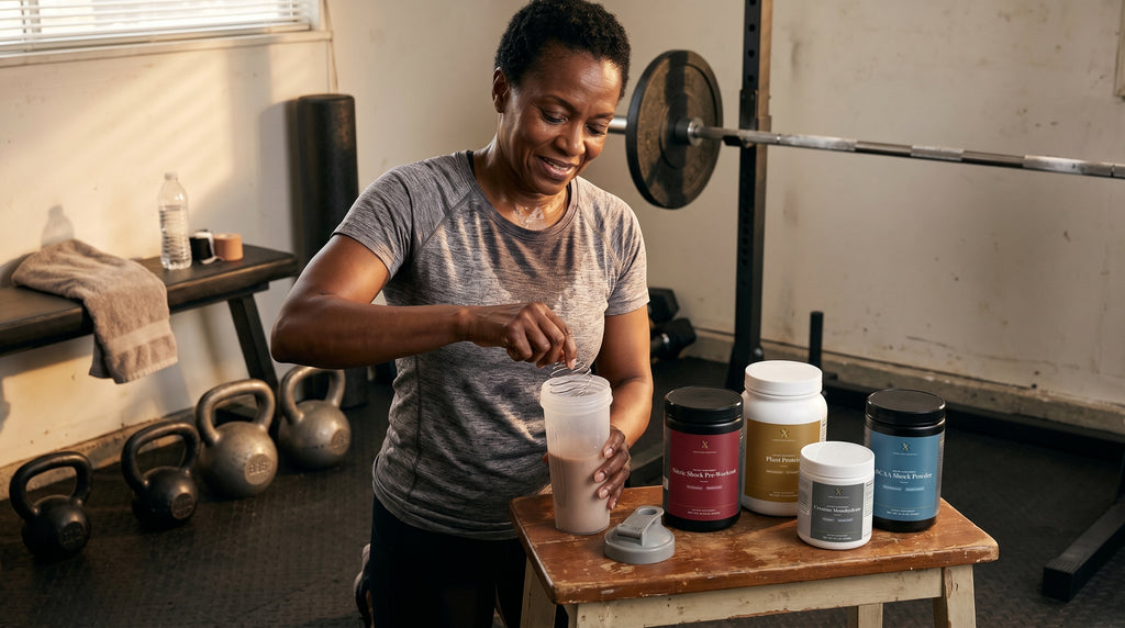 Woman preparing a Vibrant Body Essentials performance shake in a home gym