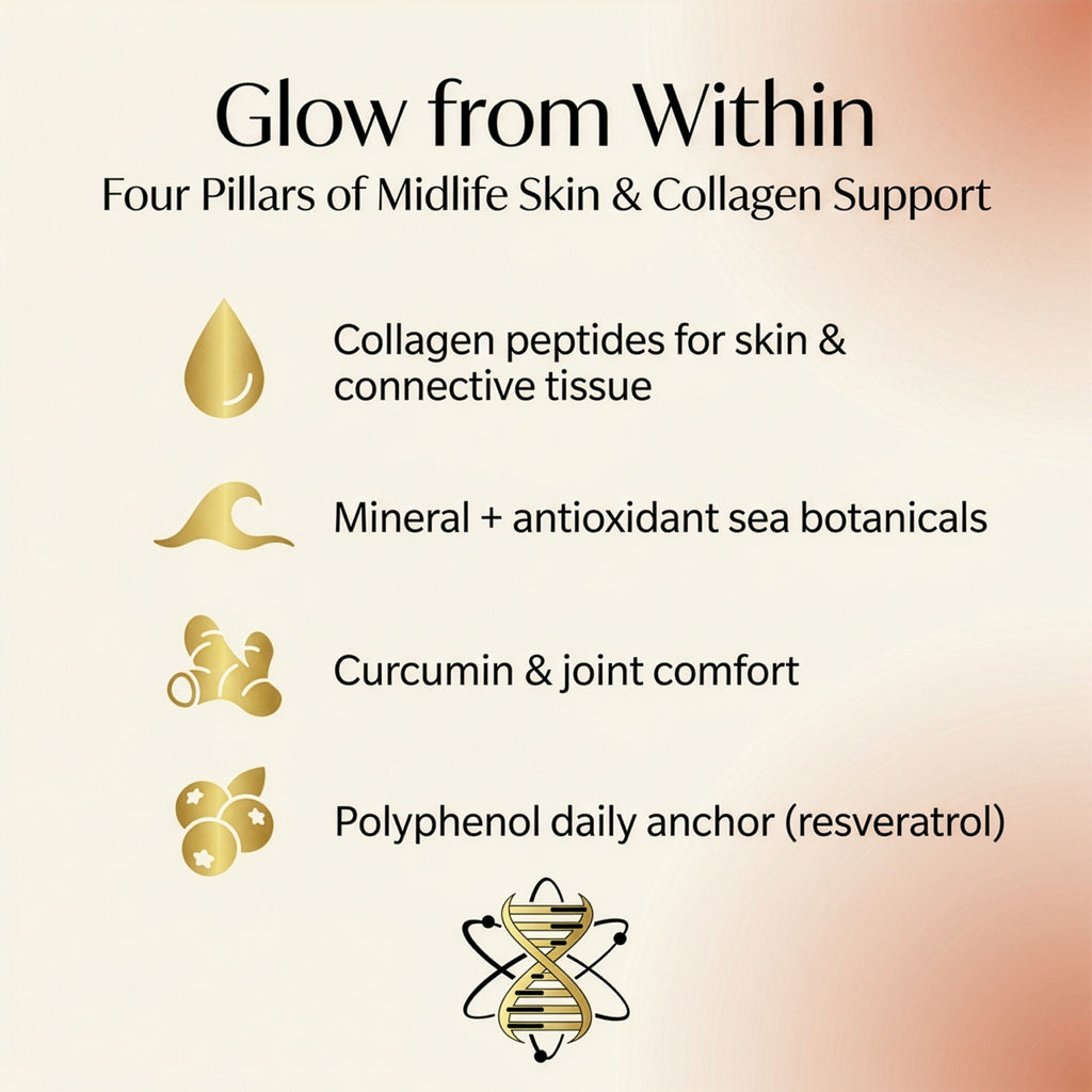 Glow from Within four pillars — collagen peptides, sea botanicals, curcumin and joint comfort, polyphenol anchor