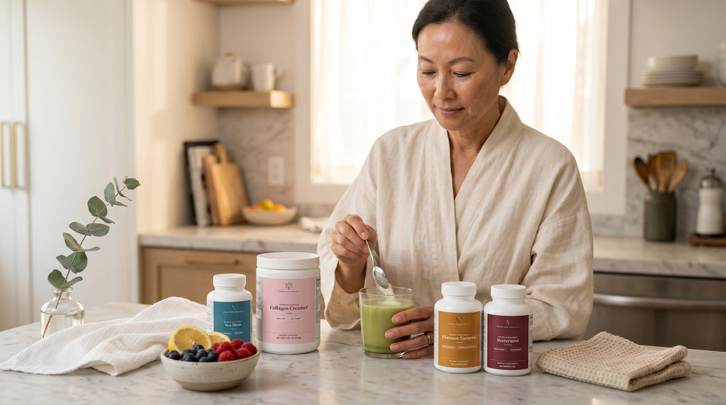 Woman mixing Collagen Creamer into a drink in a bright kitchen