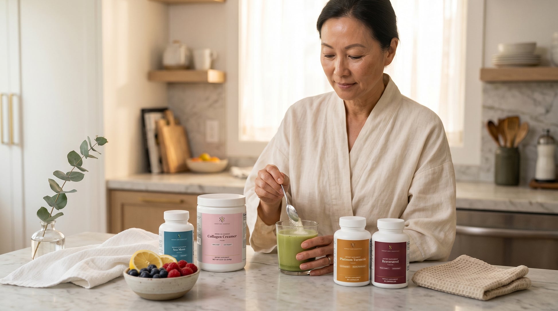 Woman mixing Collagen Creamer into a drink in a bright kitchen