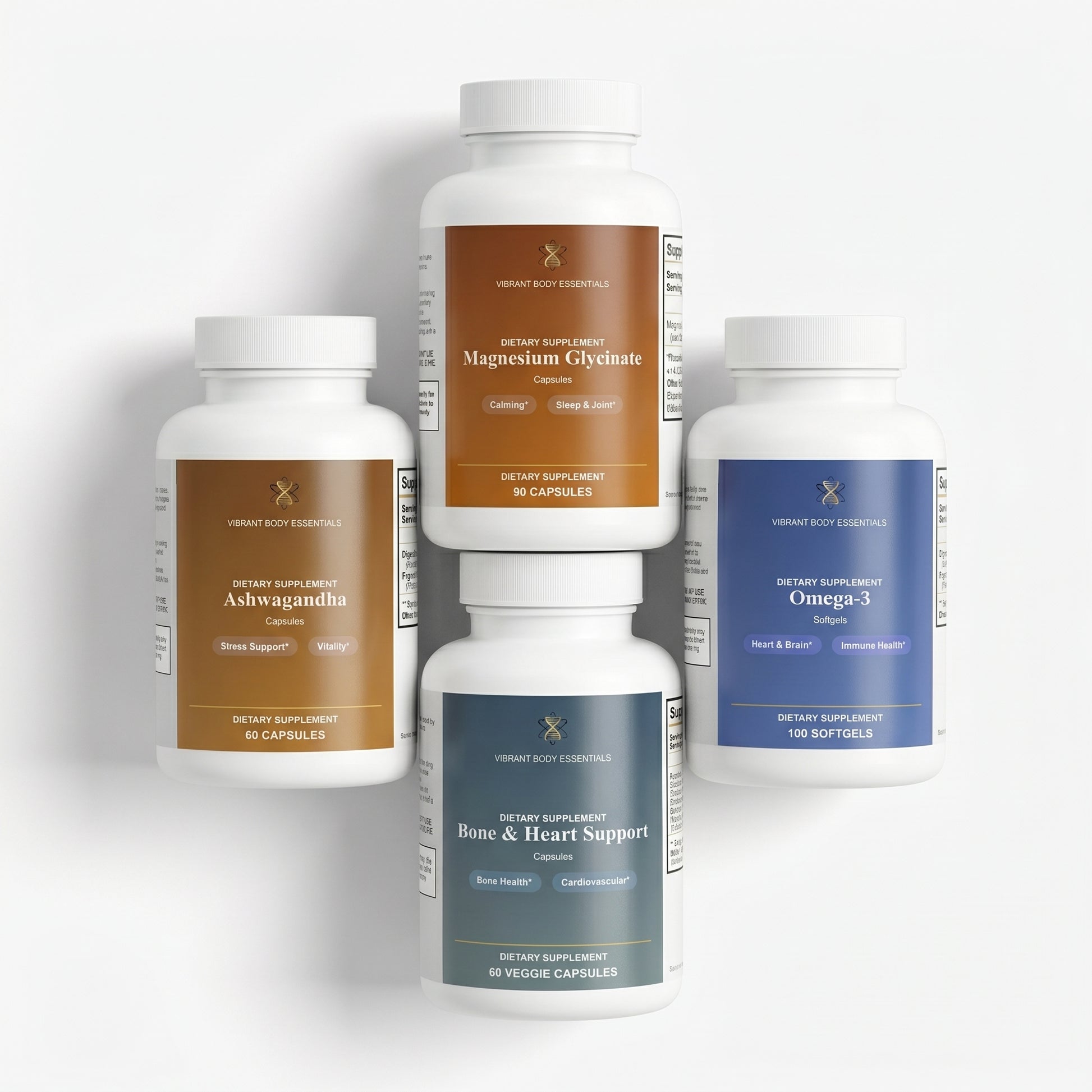 Her Daily Essentials bundle — Bone & Heart Support, Magnesium Glycinate, Ashwagandha, and Omega-3 by Vibrant Body Essentials