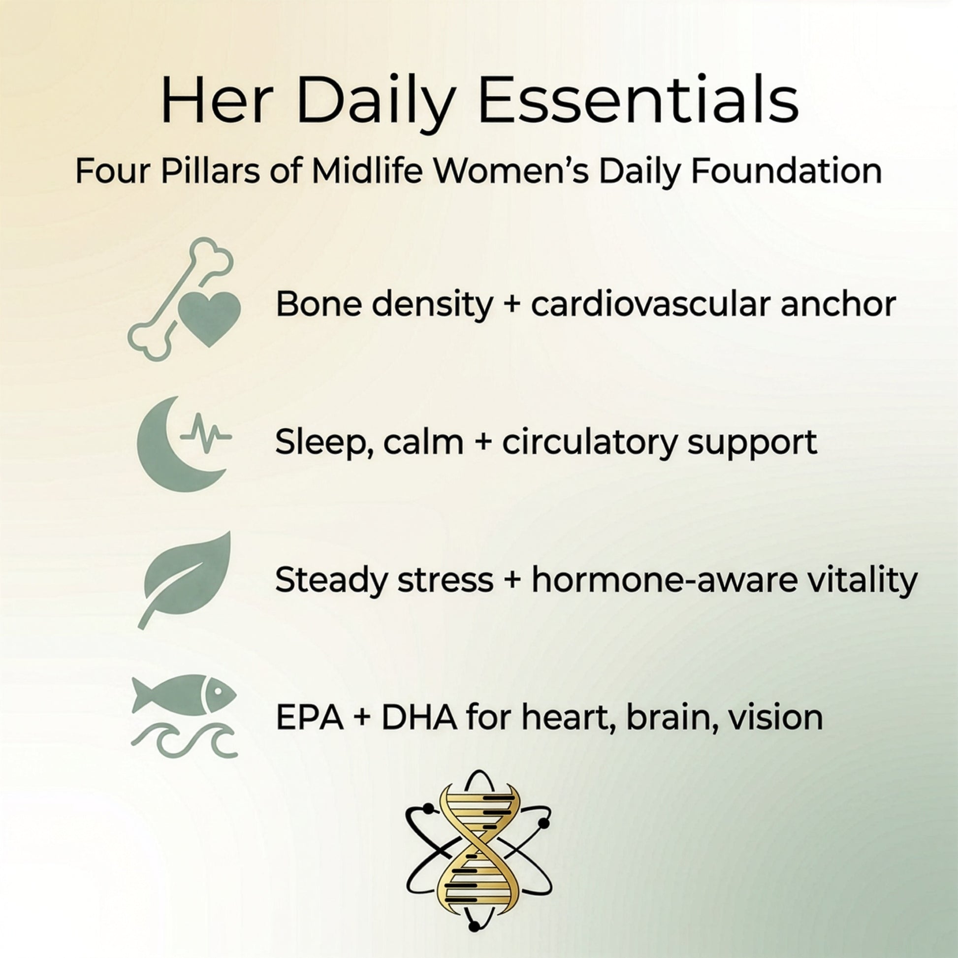 Her Daily Essentials four pillars — bone density, sleep and calm, steady stress, and EPA/DHA for heart, brain, vision